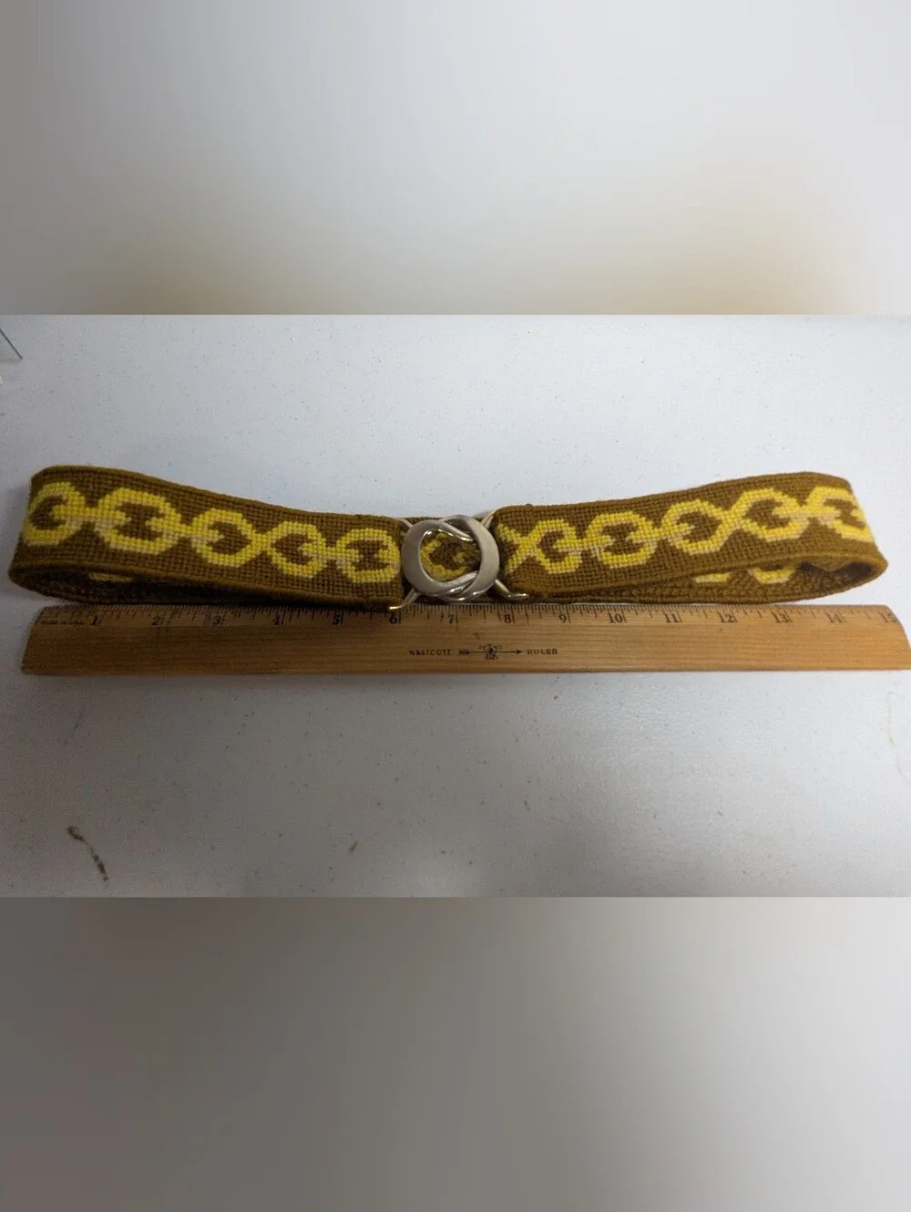 Unique vintage Yellow & Brown Woven Chain-Pattern Belt with metal Ring buckle